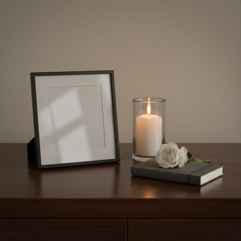 A neatly arranged memorial table featuring a framed, empty photo frame with a simple black border, placed beside a small, closed journal with a textured charcoal-gray cover and a single white rose laid across it. The surface is a smooth, dark wooden console against a softly blurred neutral wall. A single, tall glass candle holder contains a gently glowing white candle, casting warm, subtle reflections on the tabletop. The lighting is low and diffused, with soft, warm highlights and no harsh contrasts. Captured from a slightly elevated angle with balanced composition, the scene feels dignified and understated, emphasizing quiet remembrance in a clean, photographic style without any bright or jarring colors.
