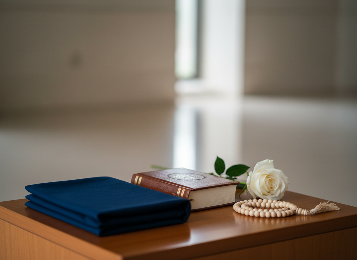 A simple, dignified Sikh memorial arrangement on a low wooden platform, featuring a neatly folded, deep navy cloth and a small, closed, leather-bound scripture book with a rich brown texture. Beside it, a single white rose and a string of understated prayer beads rest carefully. The background is softly blurred, hinting at a neutral-toned interior space with clean lines and no distracting elements. Gentle, diffused indoor light from an unseen source bathes the scene, creating soft highlights on the leather and beads and subtle shadows beneath them. Photographed at eye level with a centered composition and shallow depth of field, the atmosphere is reverent, calm, and respectful, supporting a professional memorial site in photographic realism.