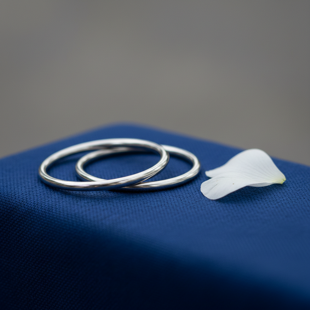 A close, detailed view of a pair of small, polished steel karas (Sikh bracelets) resting on a folded, deep-blue cloth with a fine, subtle weave. The metal surfaces catch soft, diffused light, showing gentle reflections without glare. Nearby, a single white flower petal lies on the fabric, adding a quiet symbolic touch. The background is softly blurred in neutral gray tones, keeping attention on the bracelets and cloth texture. Photographed at a slight angle with shallow depth of field, the foreground details are crisp while the backdrop fades smoothly. The atmosphere is contemplative and respectful, evoking personal memory and faith in a clean, restrained photographic realism, appropriate for a memorial context.