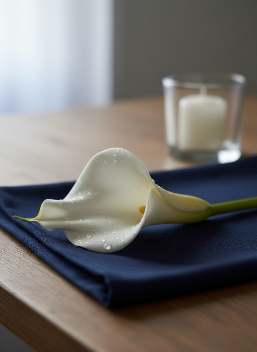 A single white lily with gently curved petals, resting on a folded, dark navy cloth atop a simple wooden table. The flower’s surface appears soft and velvety, with delicate droplets of water catching faint highlights. In the background, an unfocused glass candle holder with a small, unlit candle suggests a moment of remembrance. Soft, diffused daylight from a nearby window casts calm, even lighting, creating subtle shadows and a quiet atmosphere. Photographed at eye level with a shallow depth of field, the lily is in sharp focus while the surroundings fall into a gentle blur. The mood is respectful, serene, and contemplative, suited for a professional memorial page in photographic realism.
