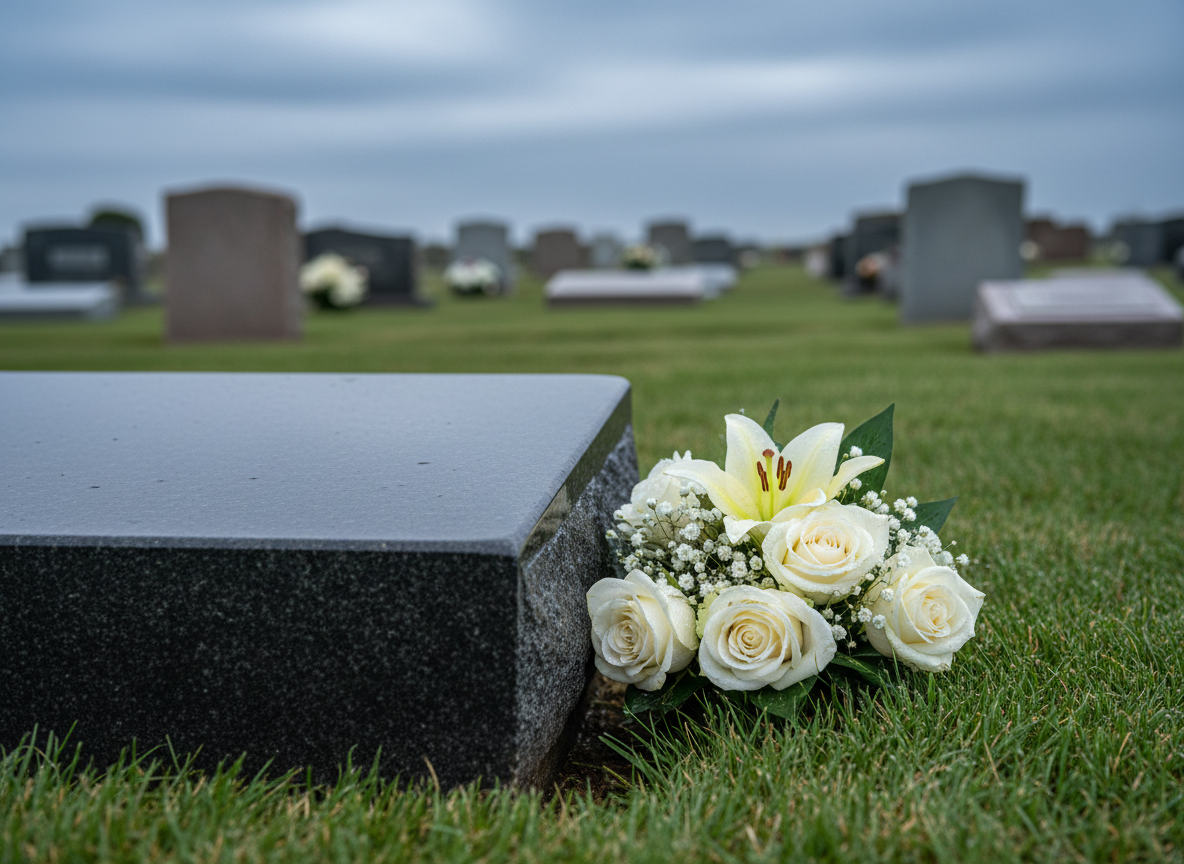 A close-up of a polished, dark granite headstone corner with smooth edges, its surface reflecting a muted, overcast sky. At the base, a small arrangement of white and soft cream flowers rests on trimmed, dewy grass, each petal finely detailed. In the softly blurred distance, other understated headstones create a gentle rhythm across the cemetery landscape. The lighting is natural and diffused, with no direct sunlight, producing a calm, gray-blue tone throughout. Shot at a low angle with shallow depth of field, the focus remains on the flowers and stone texture. The mood is solemn yet peaceful, conveying respect and quiet remembrance in a realistic photographic style.