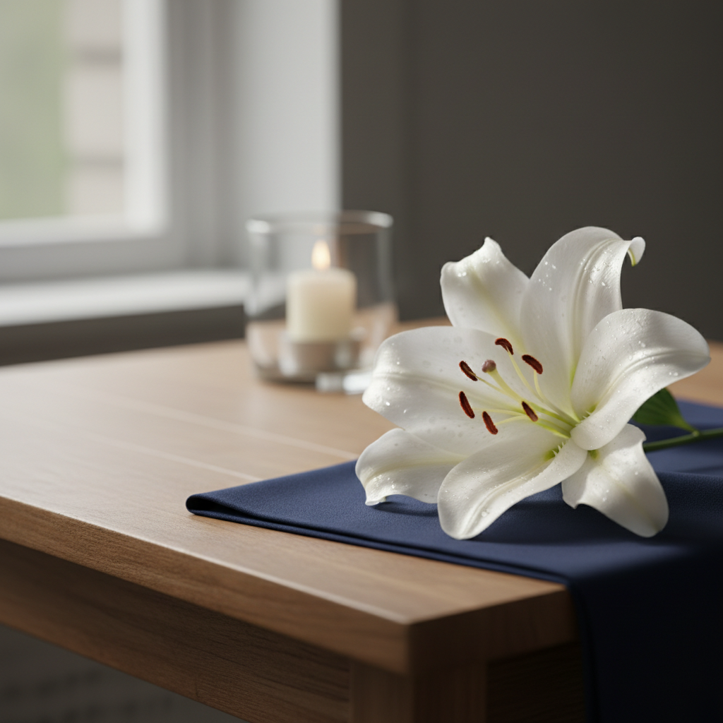 A single white lily with gently curved petals, resting on a folded, dark navy cloth atop a simple wooden table. The flower’s surface appears soft and velvety, with delicate droplets of water catching faint highlights. In the background, an unfocused glass candle holder with a small, unlit candle suggests a moment of remembrance. Soft, diffused daylight from a nearby window casts calm, even lighting, creating subtle shadows and a quiet atmosphere. Photographed at eye level with a shallow depth of field, the lily is in sharp focus while the surroundings fall into a gentle blur. The mood is respectful, serene, and contemplative, suited for a professional memorial page in photographic realism.