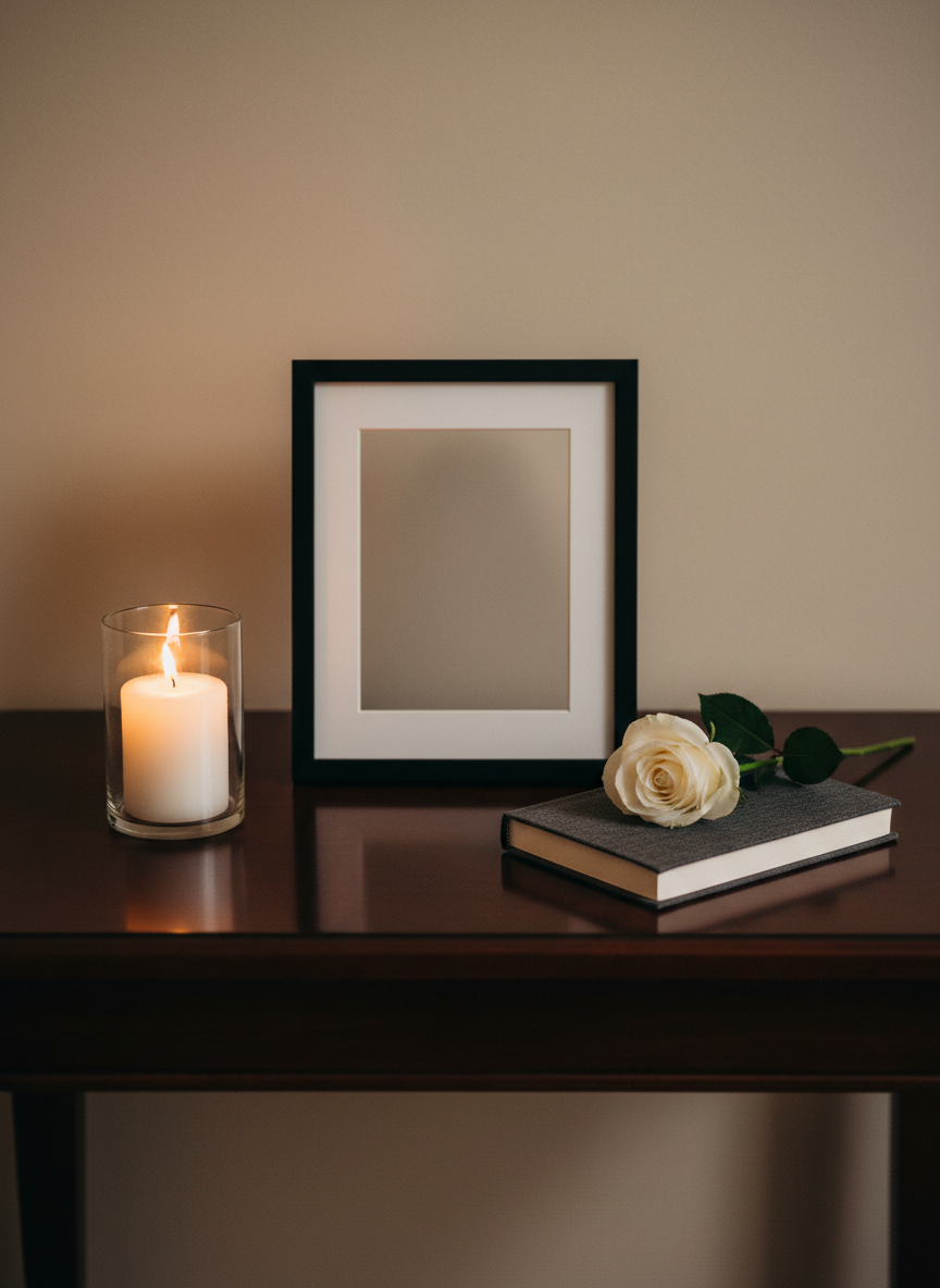 A neatly arranged memorial table featuring a framed, empty photo frame with a simple black border, placed beside a small, closed journal with a textured charcoal-gray cover and a single white rose laid across it. The surface is a smooth, dark wooden console against a softly blurred neutral wall. A single, tall glass candle holder contains a gently glowing white candle, casting warm, subtle reflections on the tabletop. The lighting is low and diffused, with soft, warm highlights and no harsh contrasts. Captured from a slightly elevated angle with balanced composition, the scene feels dignified and understated, emphasizing quiet remembrance in a clean, photographic style without any bright or jarring colors.