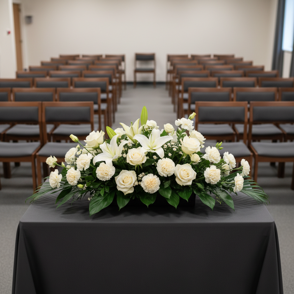 A quiet funeral service setting with an arrangement of white and pale ivory flowers placed at the front of a modest, uncluttered room. The flowers sit on a covered stand draped in smooth, dark fabric with a matte finish. In the softly blurred background, rows of simple, empty chairs in dark wood or charcoal tones face forward in neat lines. Soft, even overhead lighting combined with a bit of natural light from an unseen side window creates a gentle, balanced illumination without glare. Captured from the back of the room at a slightly elevated angle, the composition leads the eye toward the flower arrangement. The mood is calm, respectful, and composed, presented in a realistic, professional photographic style.